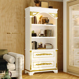 White bookshelf with gold accents in a room with wooden walls and a chair.