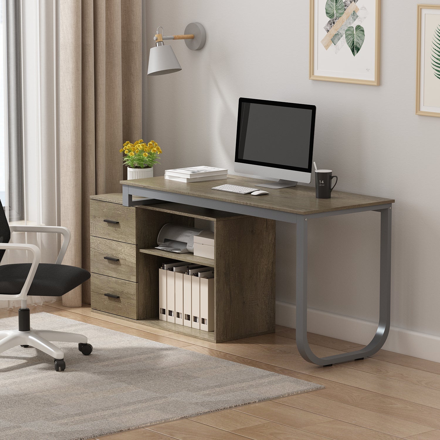 Home Office Computer Desk Corner Desk with 3 Drawers and 2 Shelves, 55 Inch Large L-Shaped Study Writing Table with Storage Cabinet