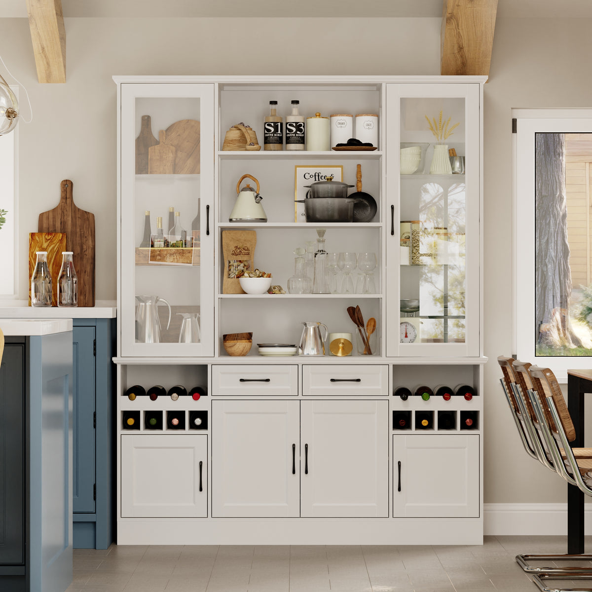 61.4" Modern White Food Pantry Cabinet with Glass Door and Wine Storage