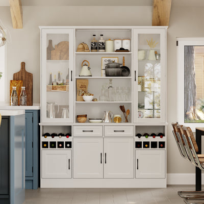 61.4" Modern White Food Pantry Cabinet with Glass Door and Wine Storage