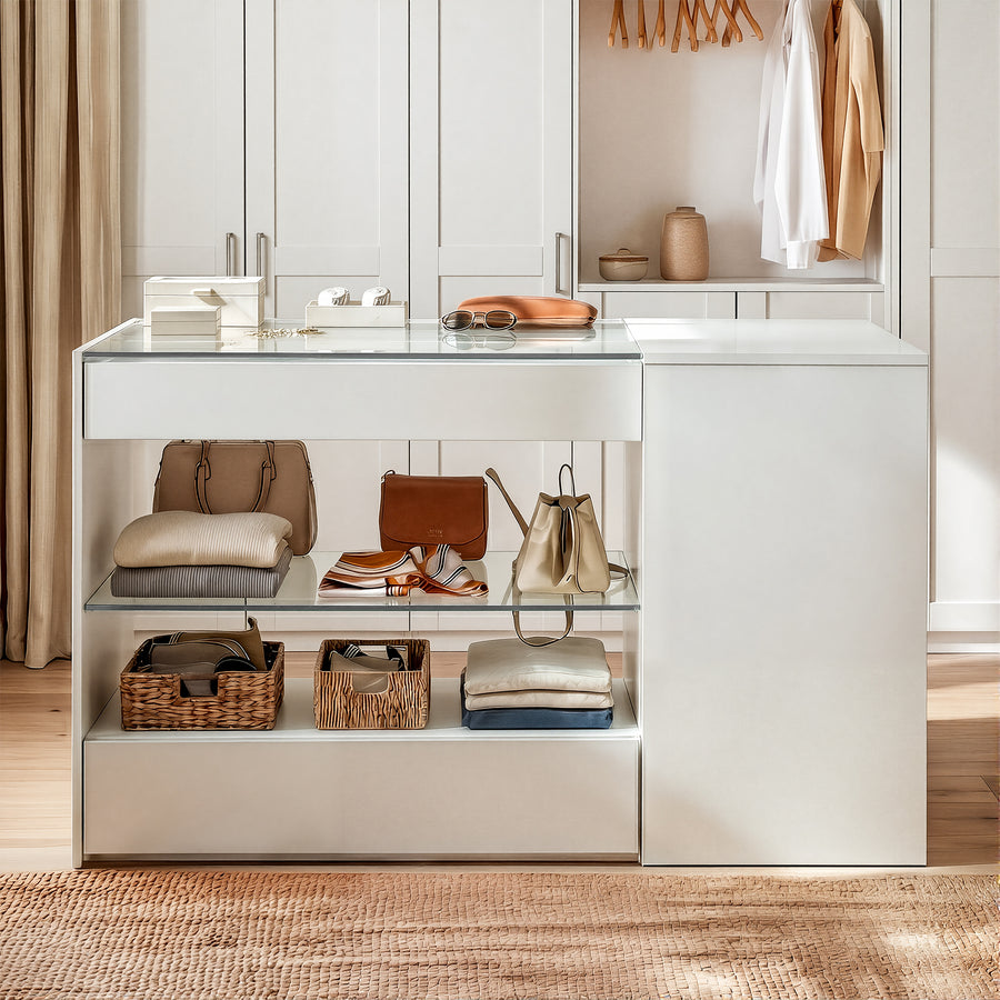 47.2" Modern White Closet Island with Strong Storage and Glass Top