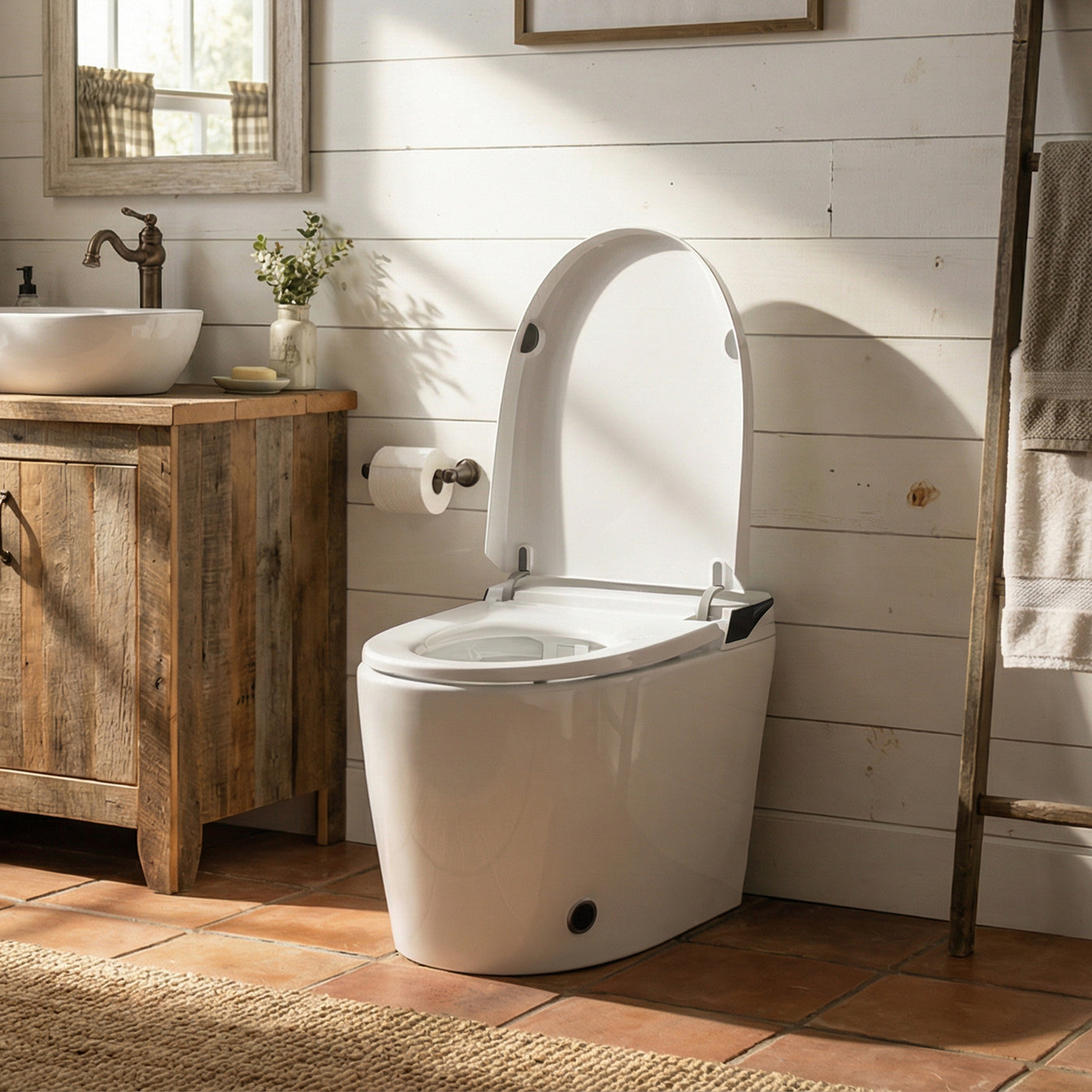 White smart toilet with digital display, and side control knob