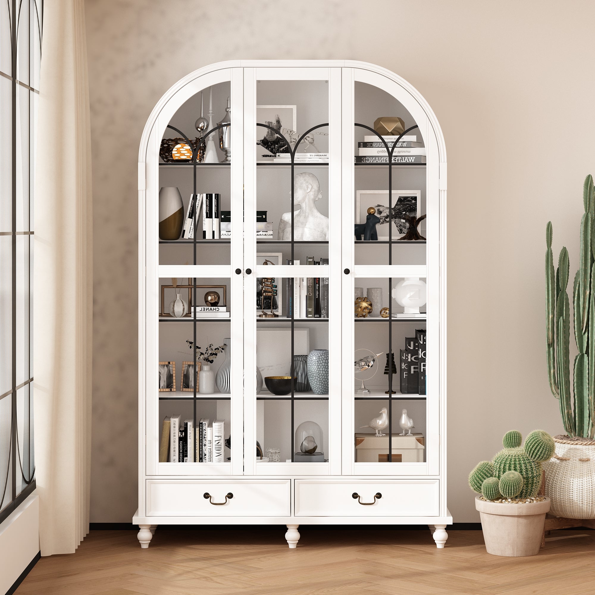 77'' H X 50'' W White Arched 5-Tier Bookcase With Glass Doors And Drawers