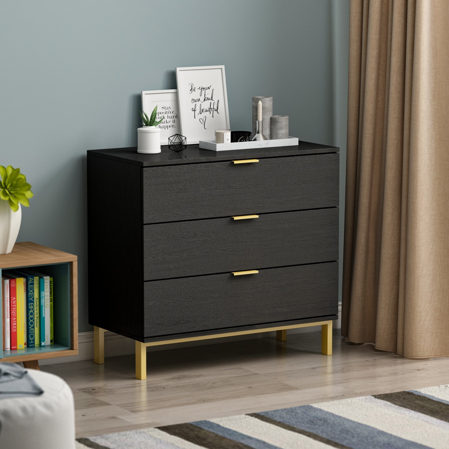 Vertical Chest 3-Drawer Nightstand Dresser Storage Sideboard with Metal Legs for Bedroom