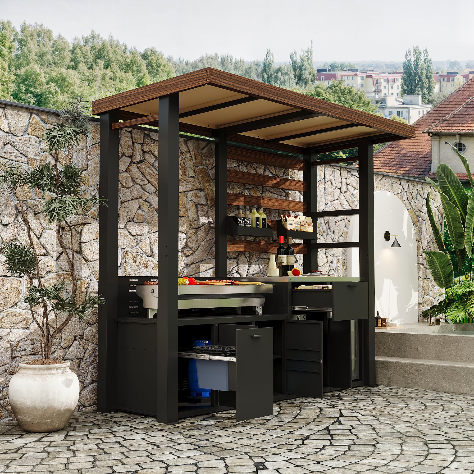 Outdoor kitchen with canopy and stone wall in a garden setting