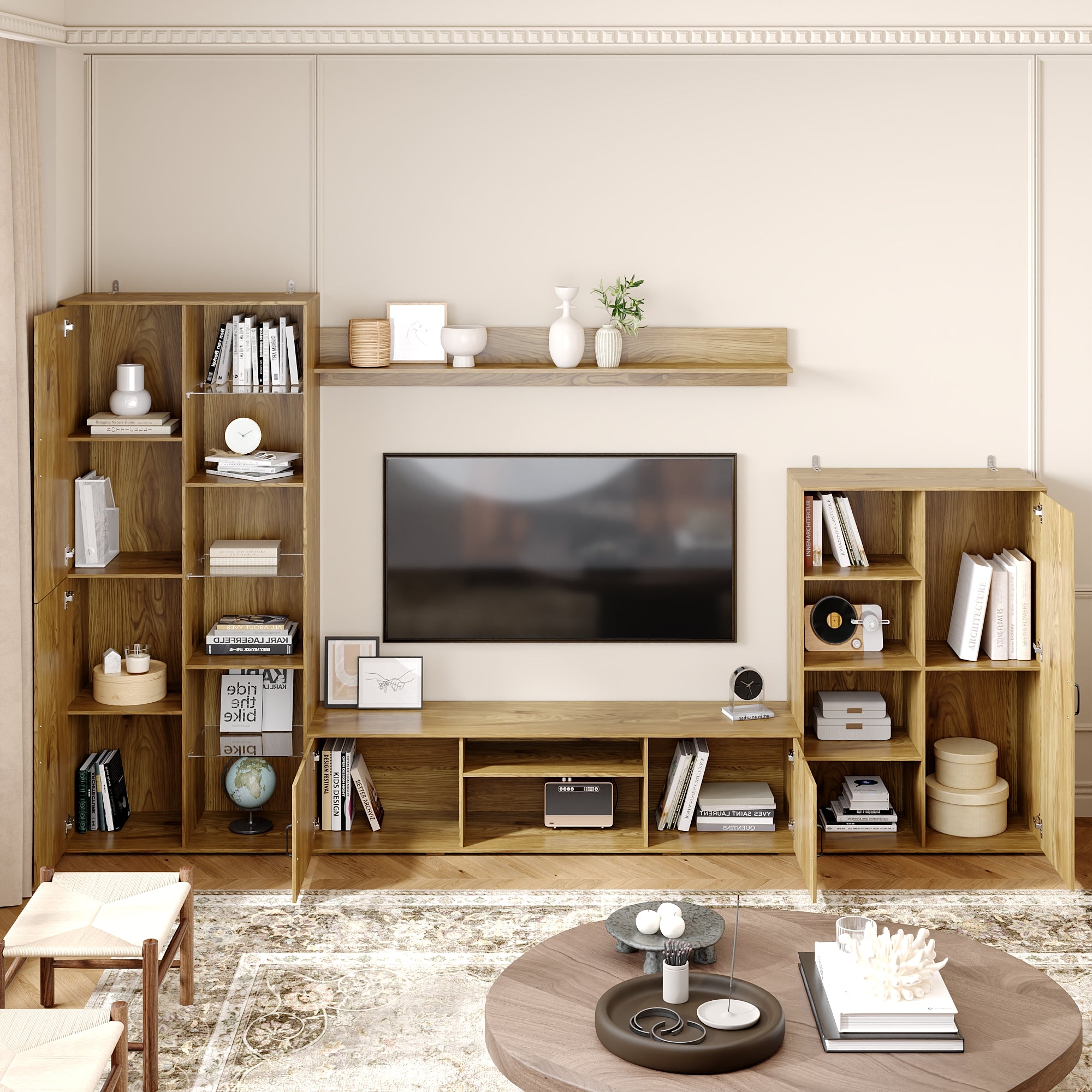 126'' W Entertainment Center With Versatile Display & Concealed Storage