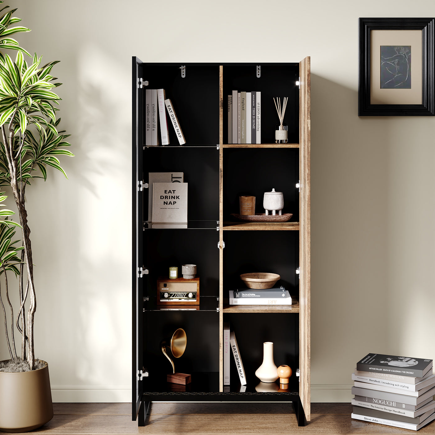 31.4" Modern Black Display Cabinet with 8-Color LED Lighting and Push-to-Open Doors