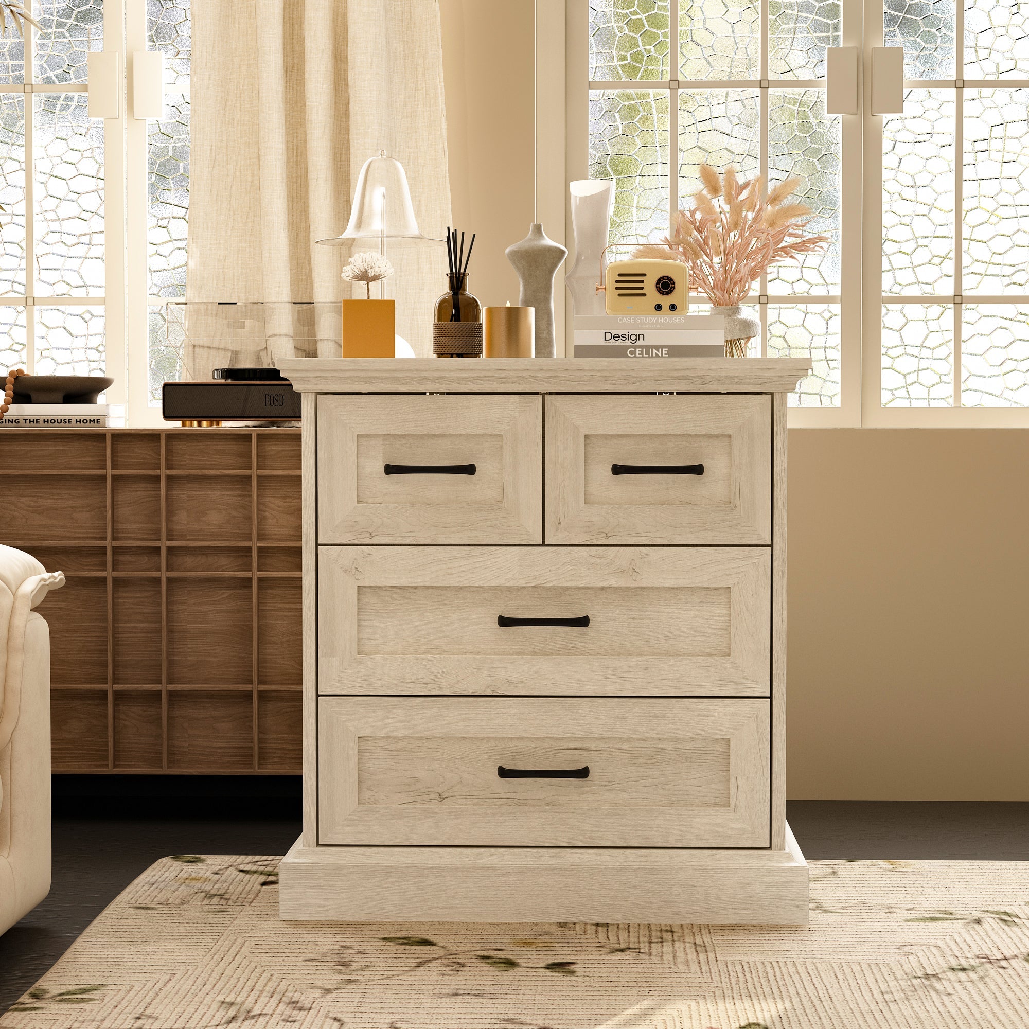 Modern Rustic Accent Chest With Four Drawers, Black Metal Handles – Distressed Light Oak