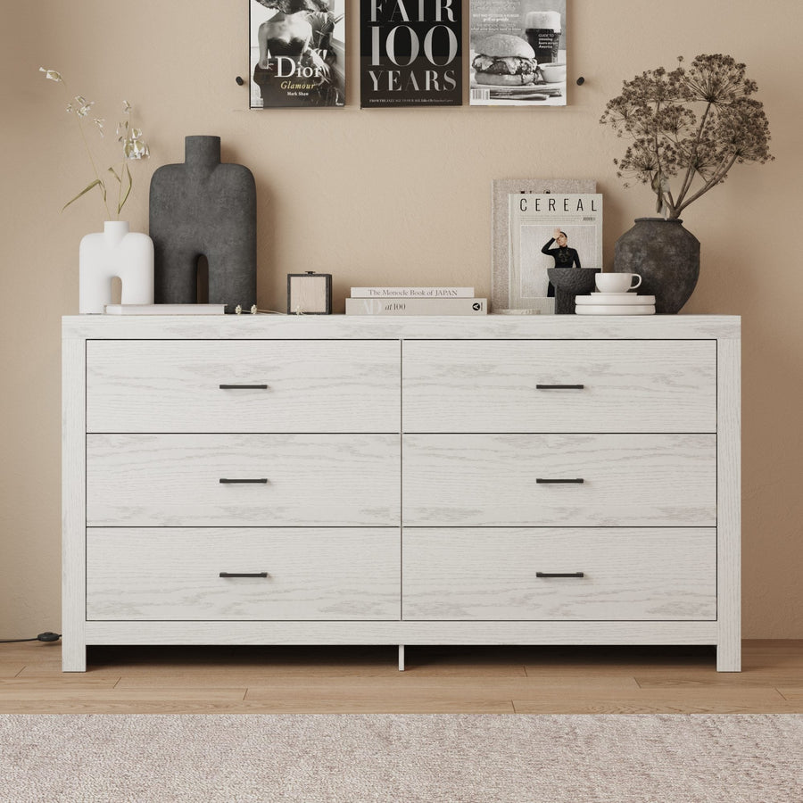63" Modern White/Brown 6-Drawer Dresser with Rustic Style
