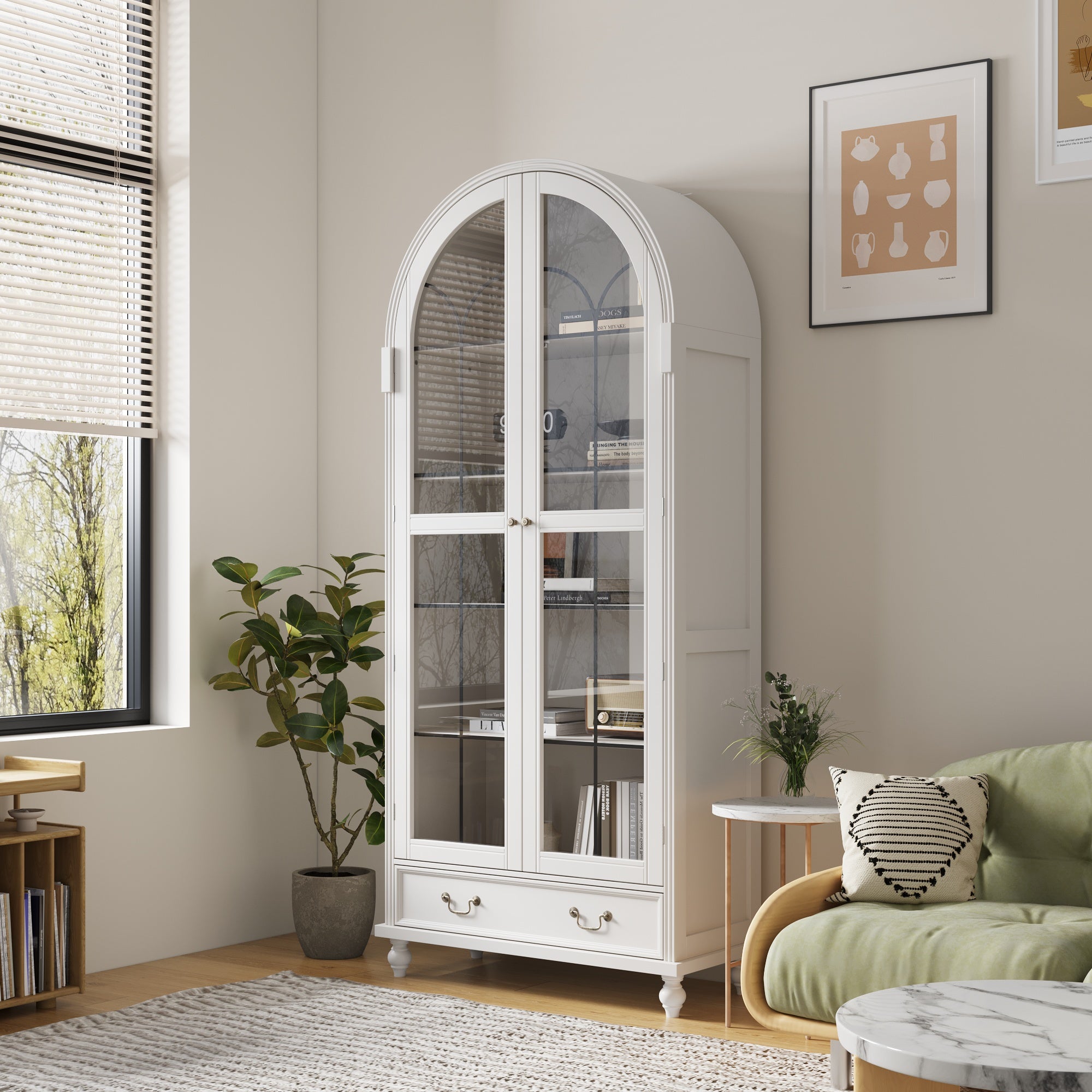 77'' H 2-Drawer Arched 5-Tier Bookcase Display Cabinet With Glass Doors