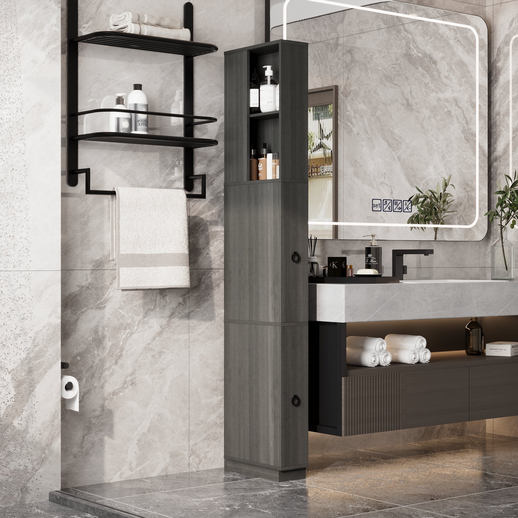 Narrow Bathroom Storage With Shelves And Drawers