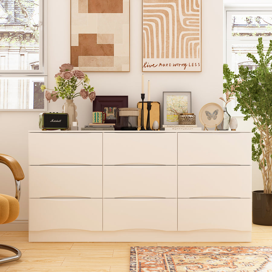 63" Elegant White 9-Drawer Dresser with Recessed Pulls