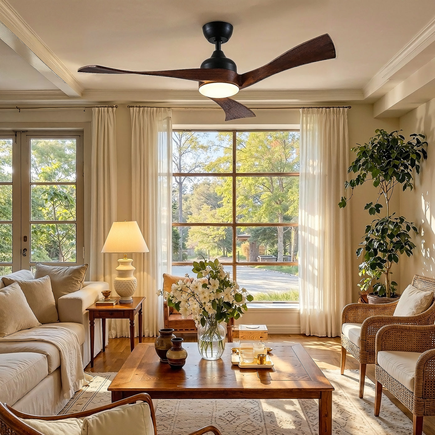 Living room with a ceiling fan, couch, coffee table, and large windows.