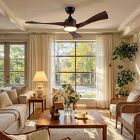 Living room with a ceiling fan, couch, coffee table, and large windows.