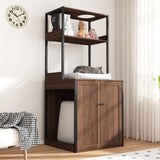 30.8 inches Walnut Wood‑Grain Cat Litter Box Enclosure with Multi‑Level Cat Perch and Storage Shelves