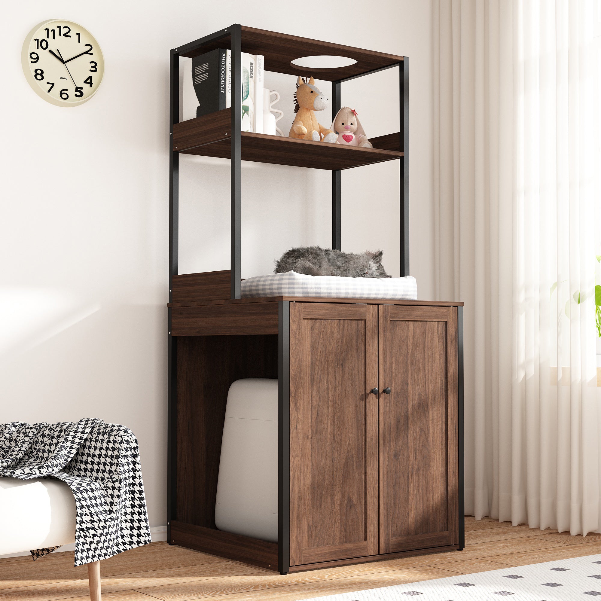 30.8 inches Walnut Wood‑Grain Cat Litter Box Enclosure with Multi‑Level Cat Perch and Storage Shelves