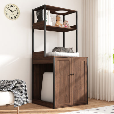 30.8" Walnut Wood‑Grain Cat Litter Box Enclosure with Multi‑Level Cat Perch and Storage Shelves