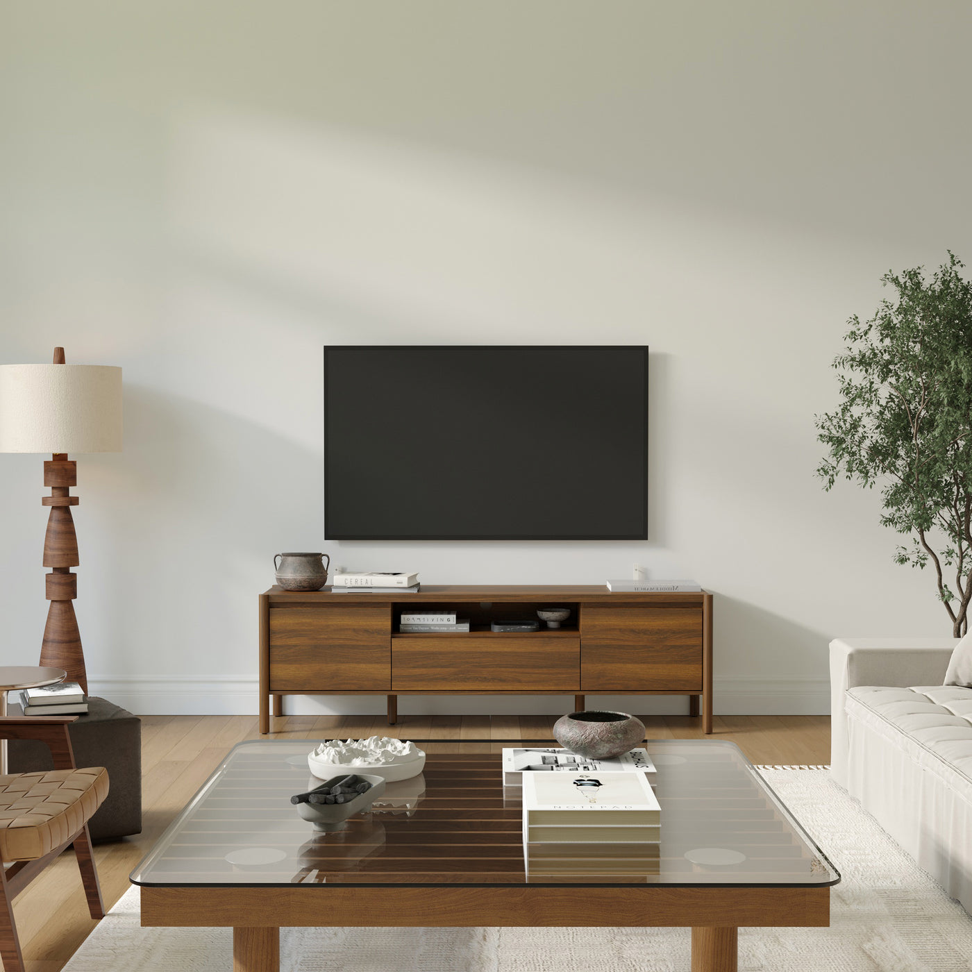 70.9 in. Modern Walnut TV Stand with Sliding Doors and Open Shelf