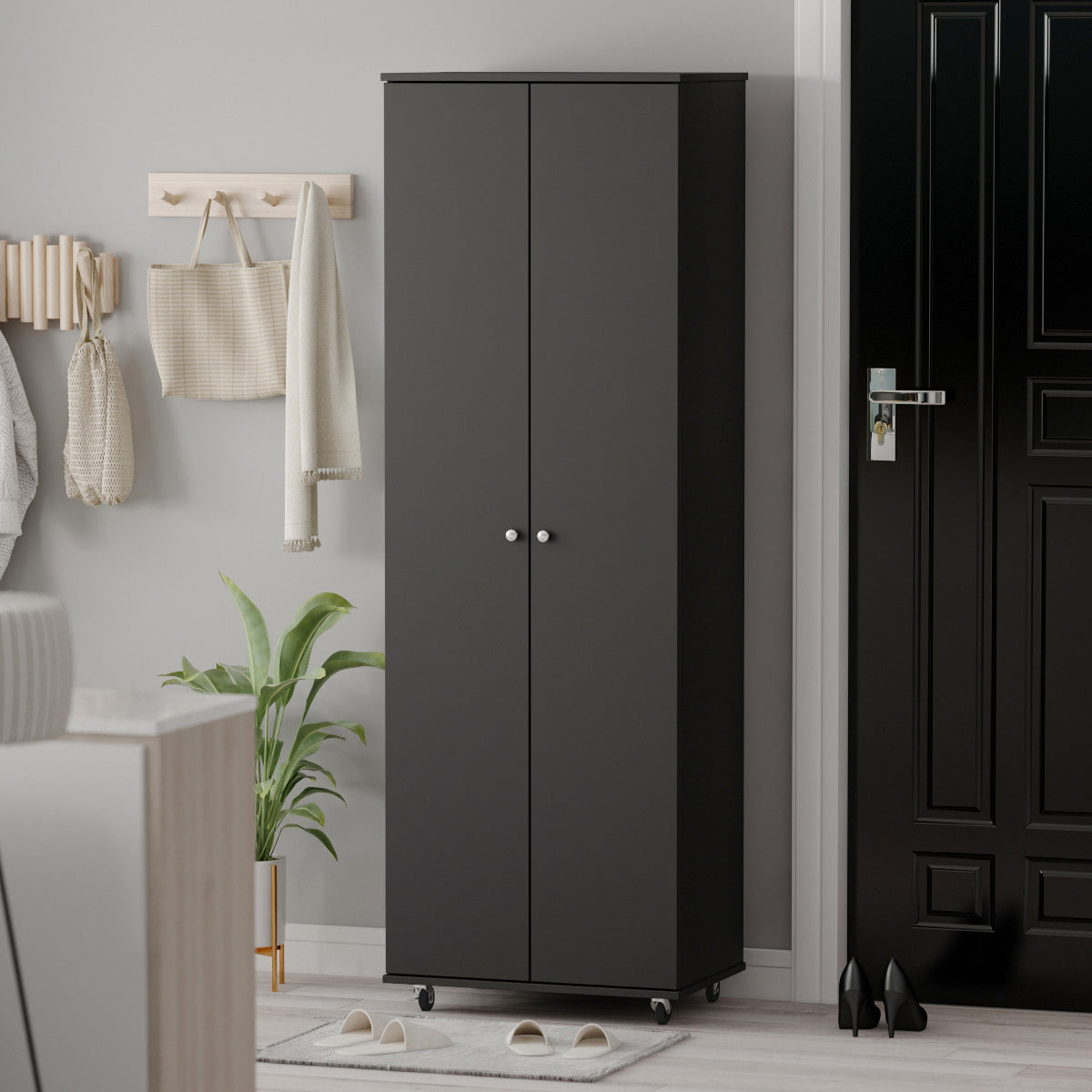 Large Shoe Cabinet with 2 Doors and Wheels 8-Tier Storage Shelves Wood Shoe Organizer Storage Cabinet