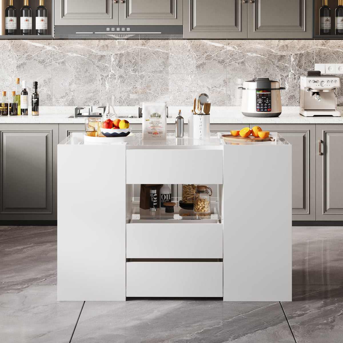 47.2" Modern White Kitchen Island with 14 Drawers and Tempered Glass Top