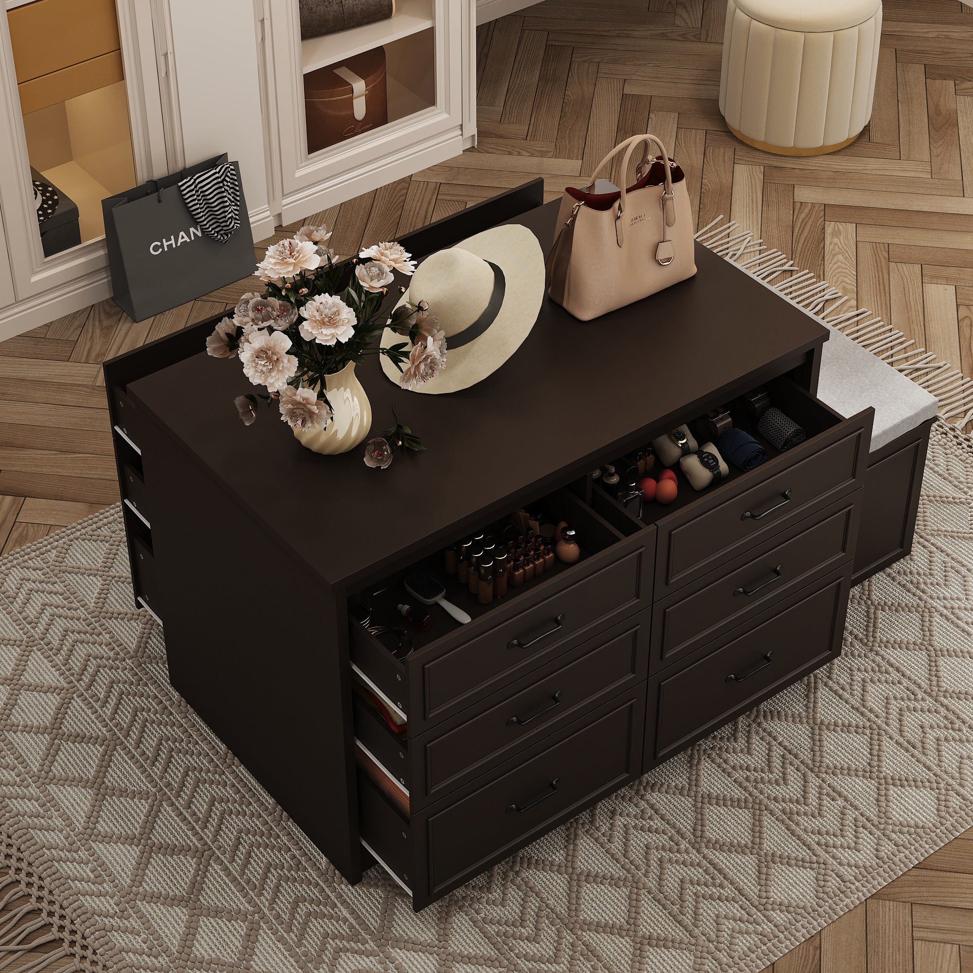 12-Drawer Closet Island With Built-In Shoe Bench