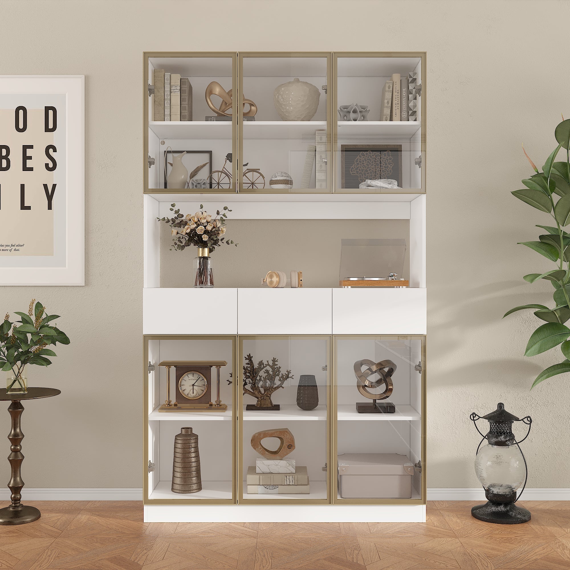 Three Drawers Bathroom Linen Cabinet With Tempered Glass Doors And Light