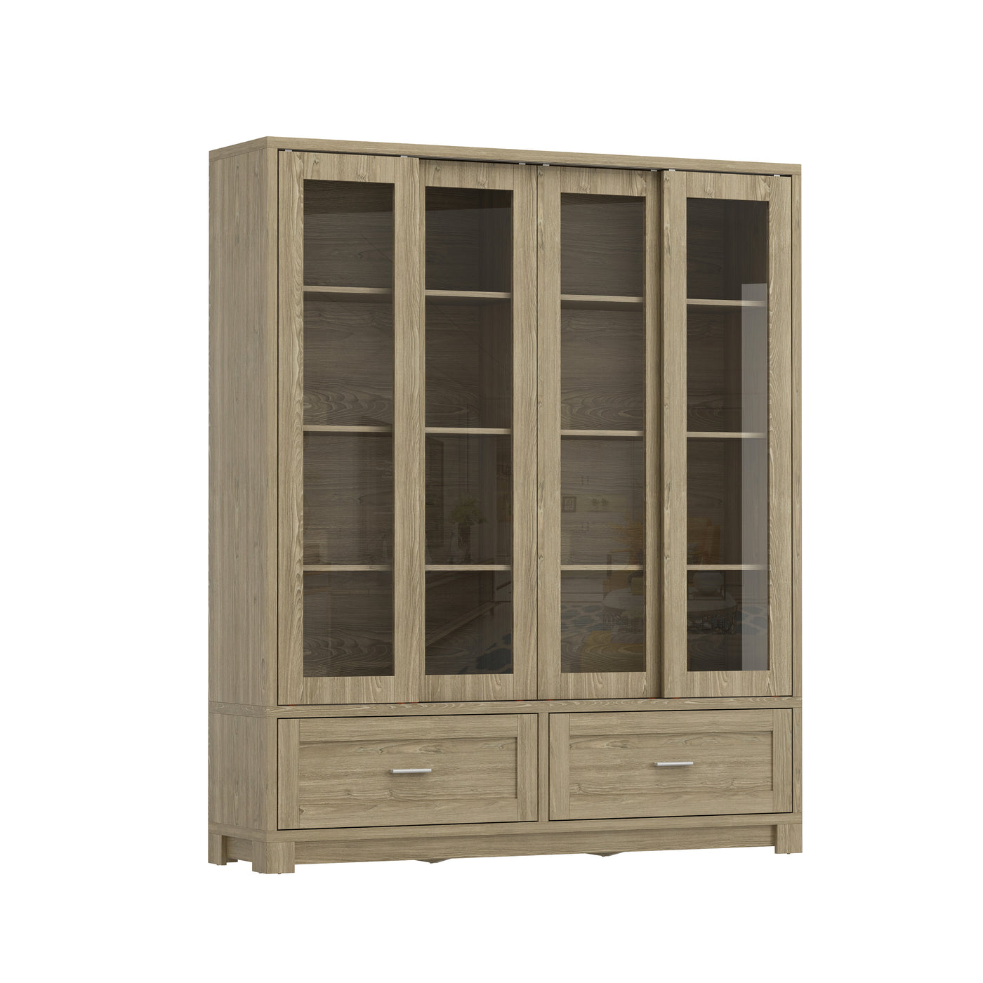 63" Modern Rustic Wood China Cabinet with 2 Drawers and 4 Sliding Glass Doors