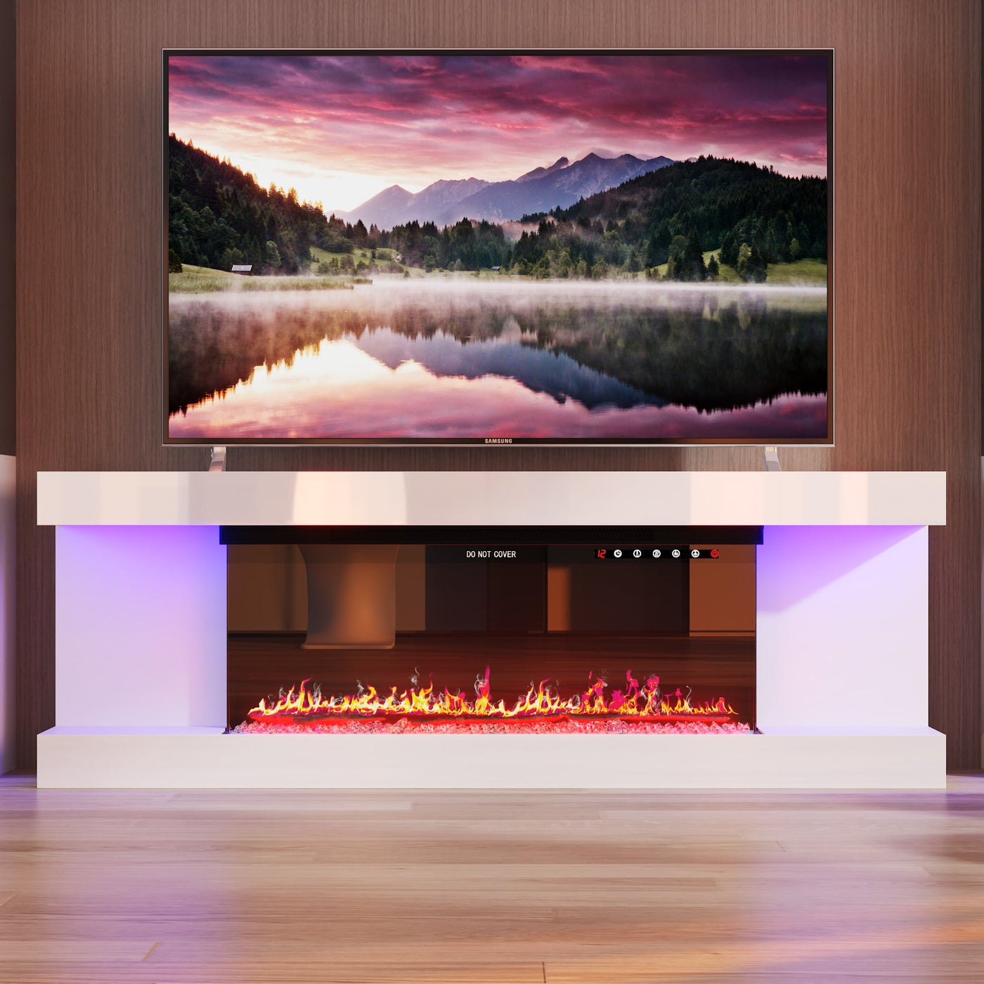 66.5" Modern Minimalist Minimalist White TV Stand With Electric Fireplace And Light