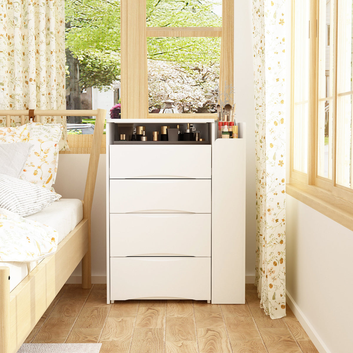 24.1 inches Modern White 3 Drawers Flip Top Makeup Vanity Table with Storage Stool