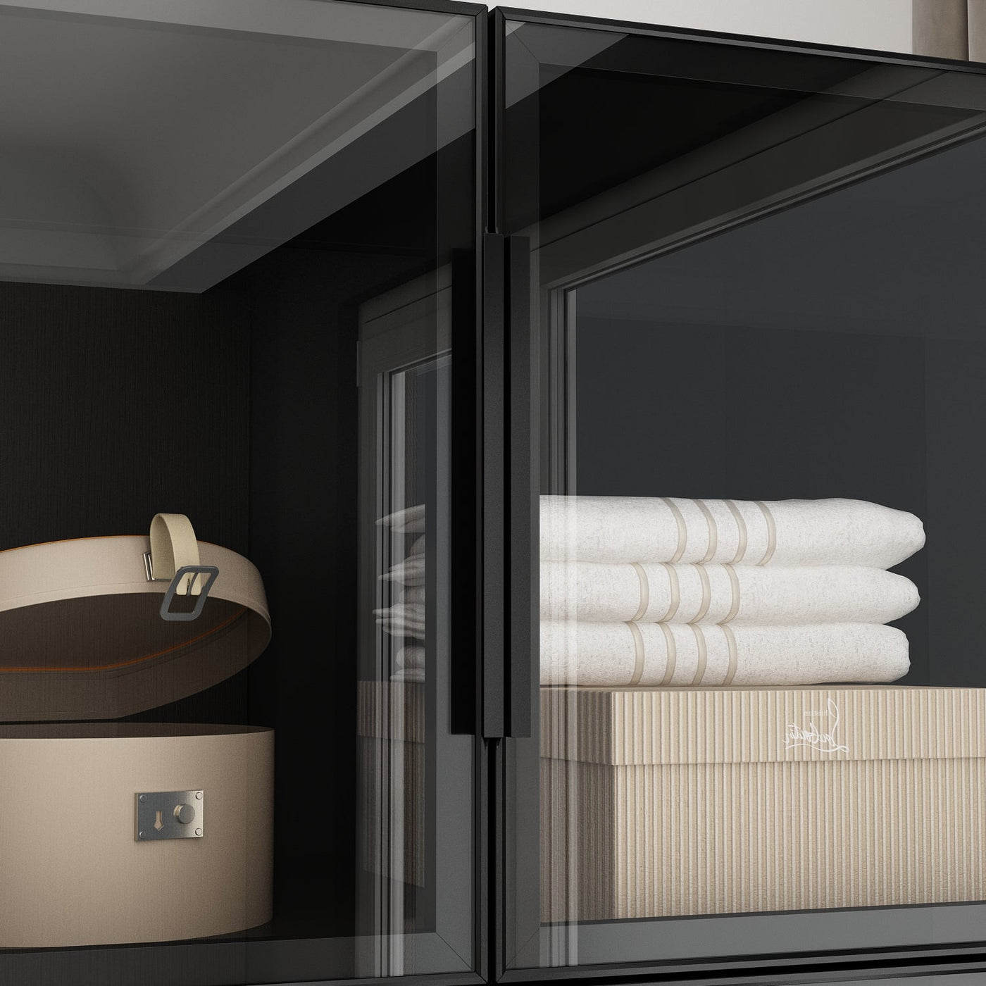 Modern wardrobe with clothes and shelves in a well-lit room