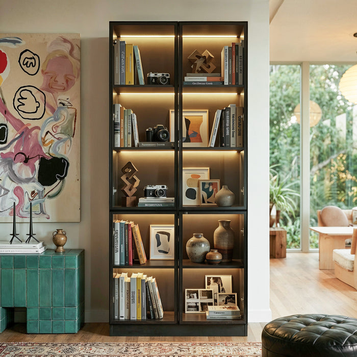 31.5" Modern 5-Tier Display Cabinet with LED Lights and Tempered Glass Doors