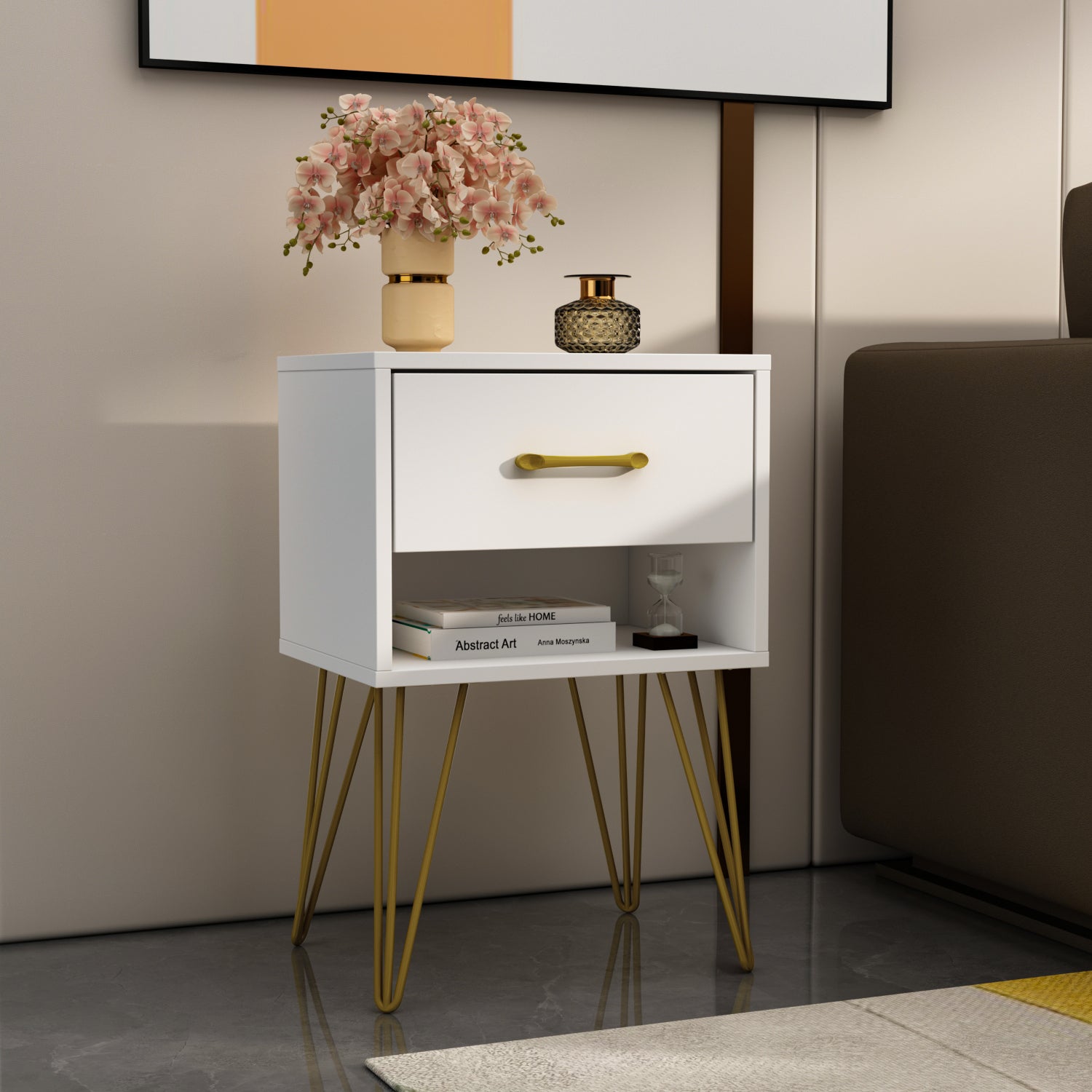 End Table Nightstand Dresser Mini Sofa Side Table with Gold Legs for Bedroom