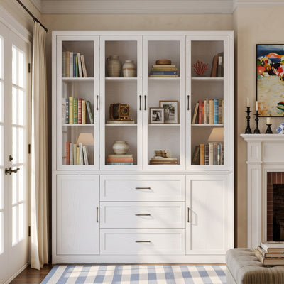 61.8" White/Brown Elegant 3-Drawer Display Bookcase with 4 Glass Doors and Side Storage Cabinets