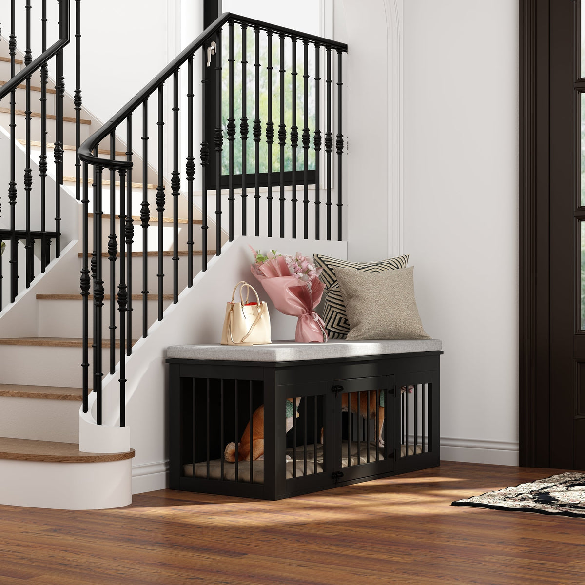 47.2" Modern Black Bed Bench Dog Crate with Cushion