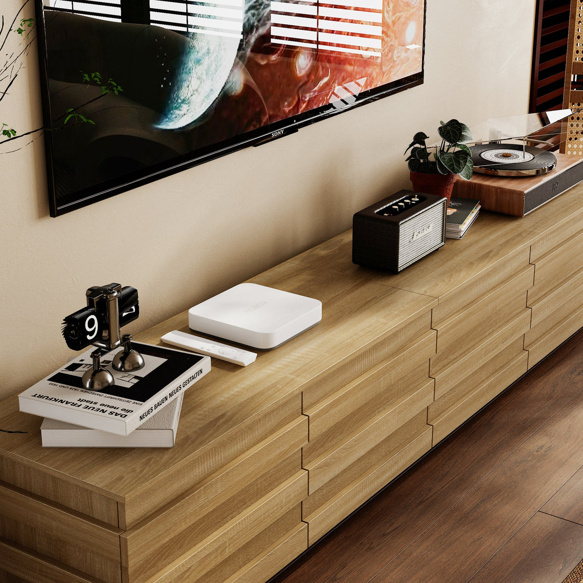 78.7" Modern Scandinavian Natural TV Stand Media Console with 4 Drawers