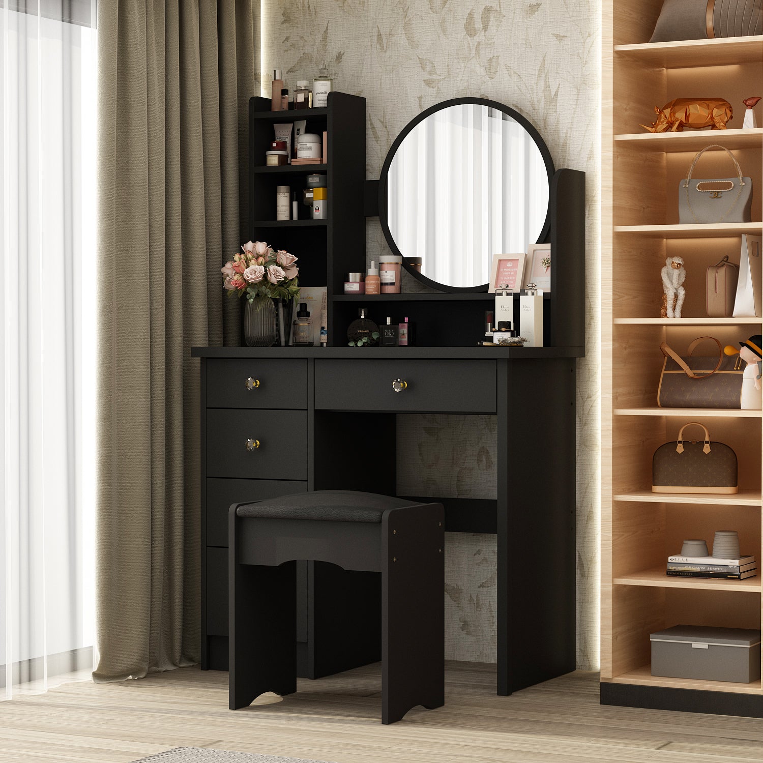 Makeup Vanity Set with Cushioned Stool, 5 Drawers & Display Shelves