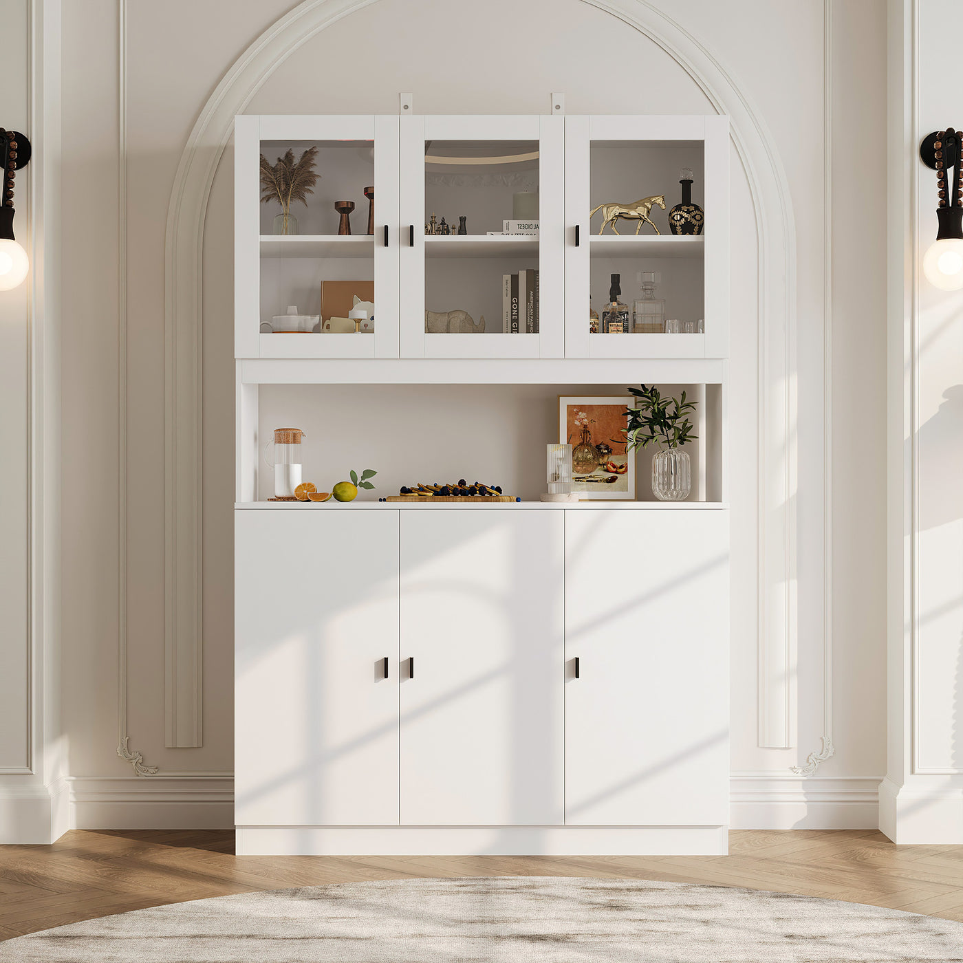 47.2" Elegant White Bookcase with Glass Doors and Open Shelves