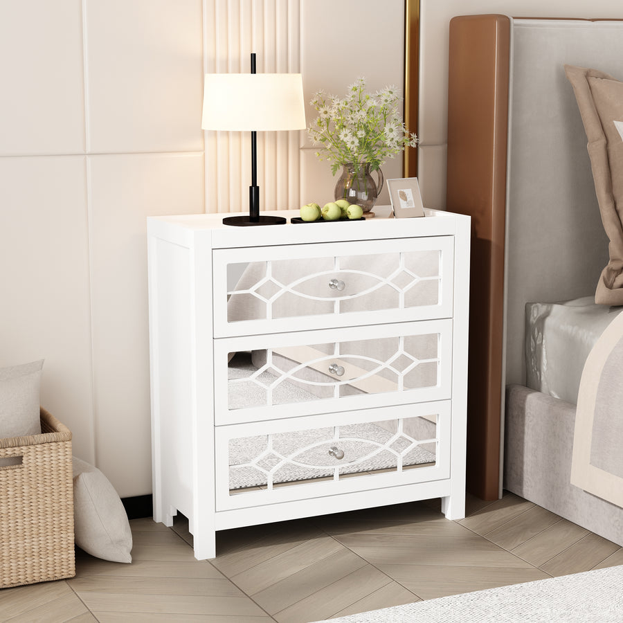 26" Mirrored 3-Drawer Dresser with Geometric Pattern