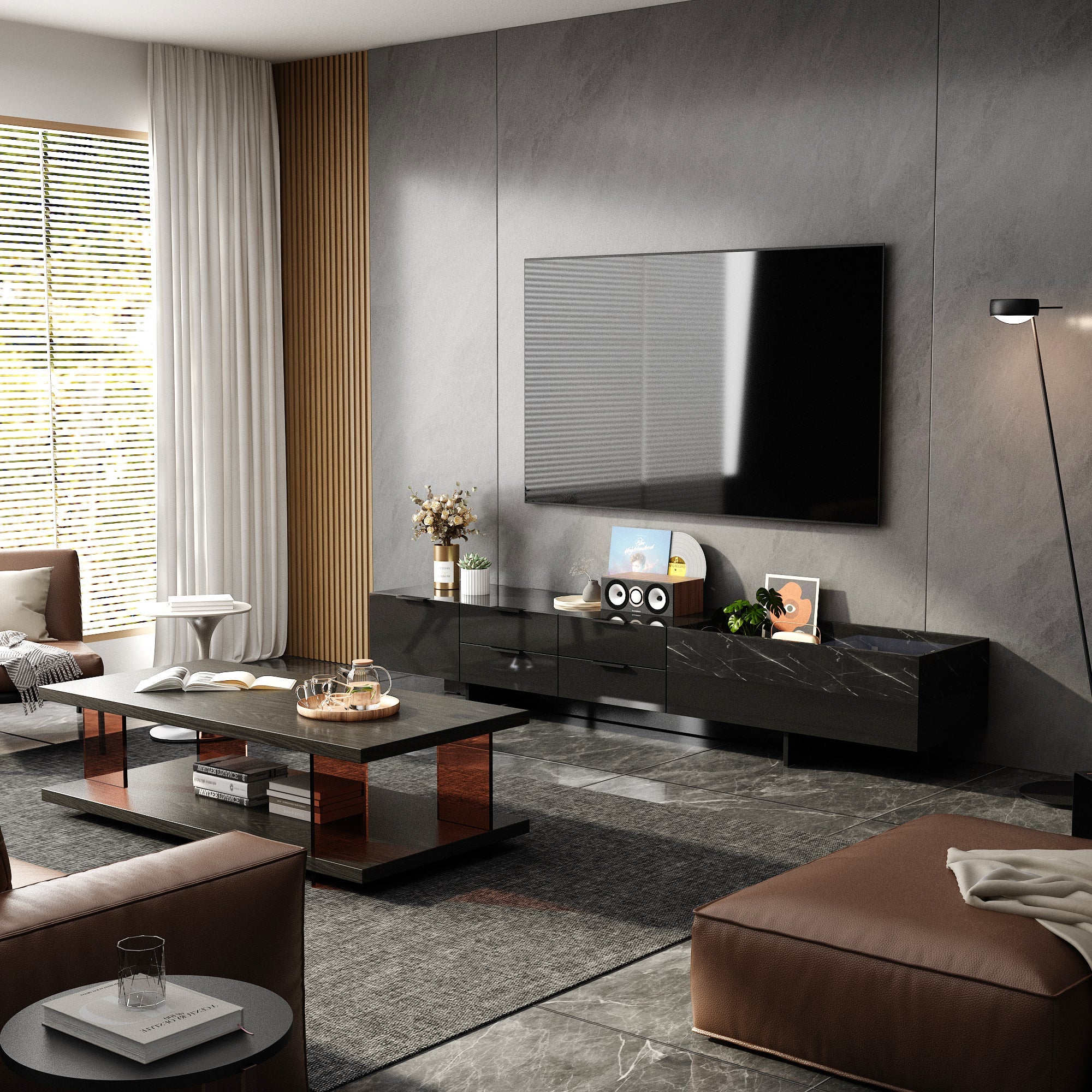 78.7'' W 5-Drawer High-Gloss Surface TV Stand Media Center With Stone Texture Design Groove Storage