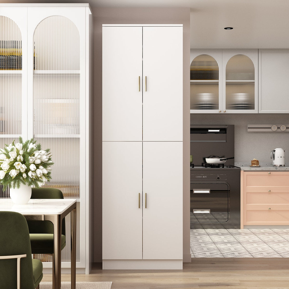 23.2" Modern Minimalist White 6-Shelf Tall Storage Cabinet with Adjustable Compartments
