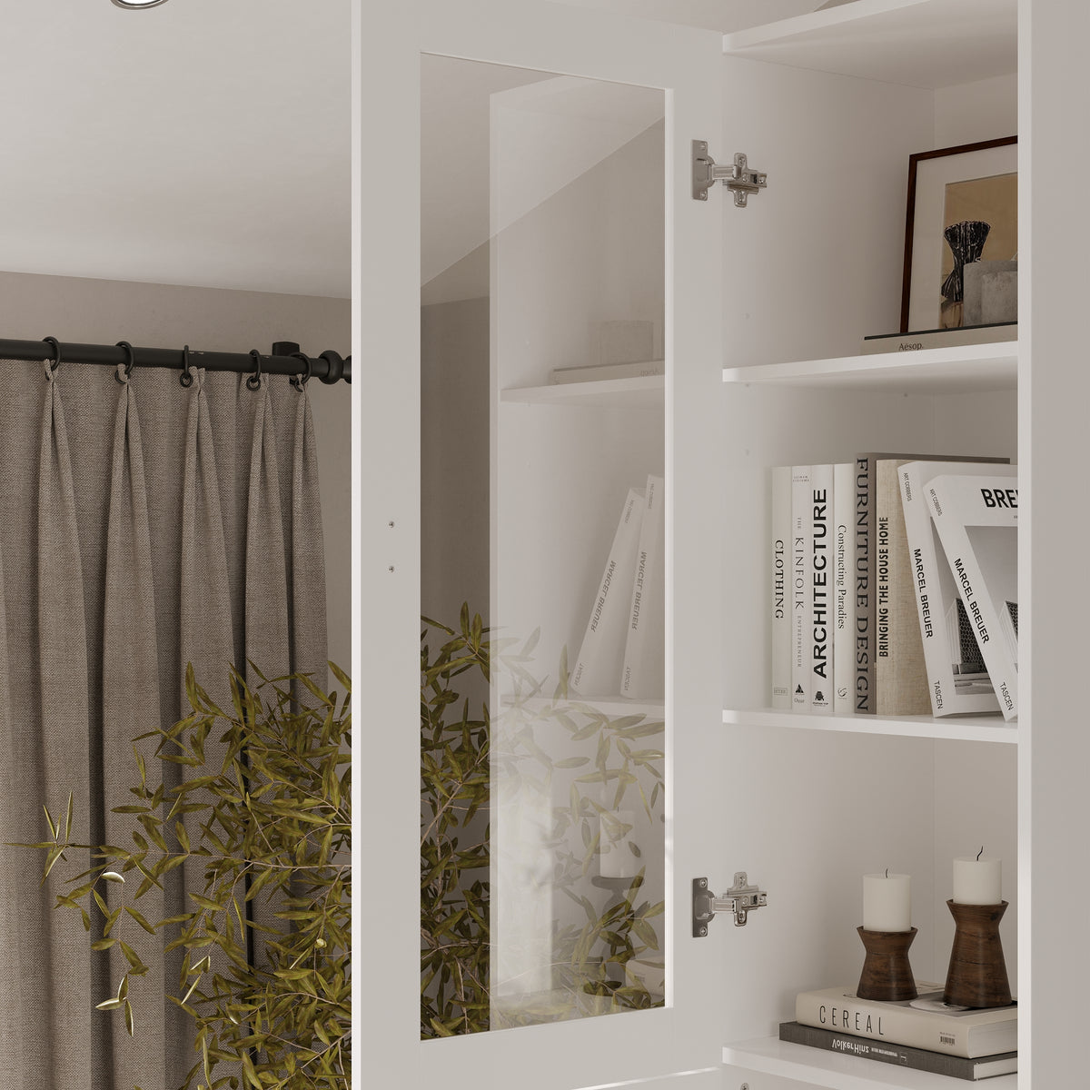 15.7" Modern White 5-Tier Slim Bookcase with Tempered Glass Door