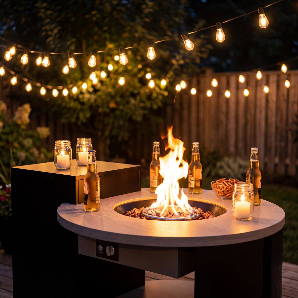 An outdoor fire pit table with a crackling fire, drinks, and snacks, set up on the balcony.
