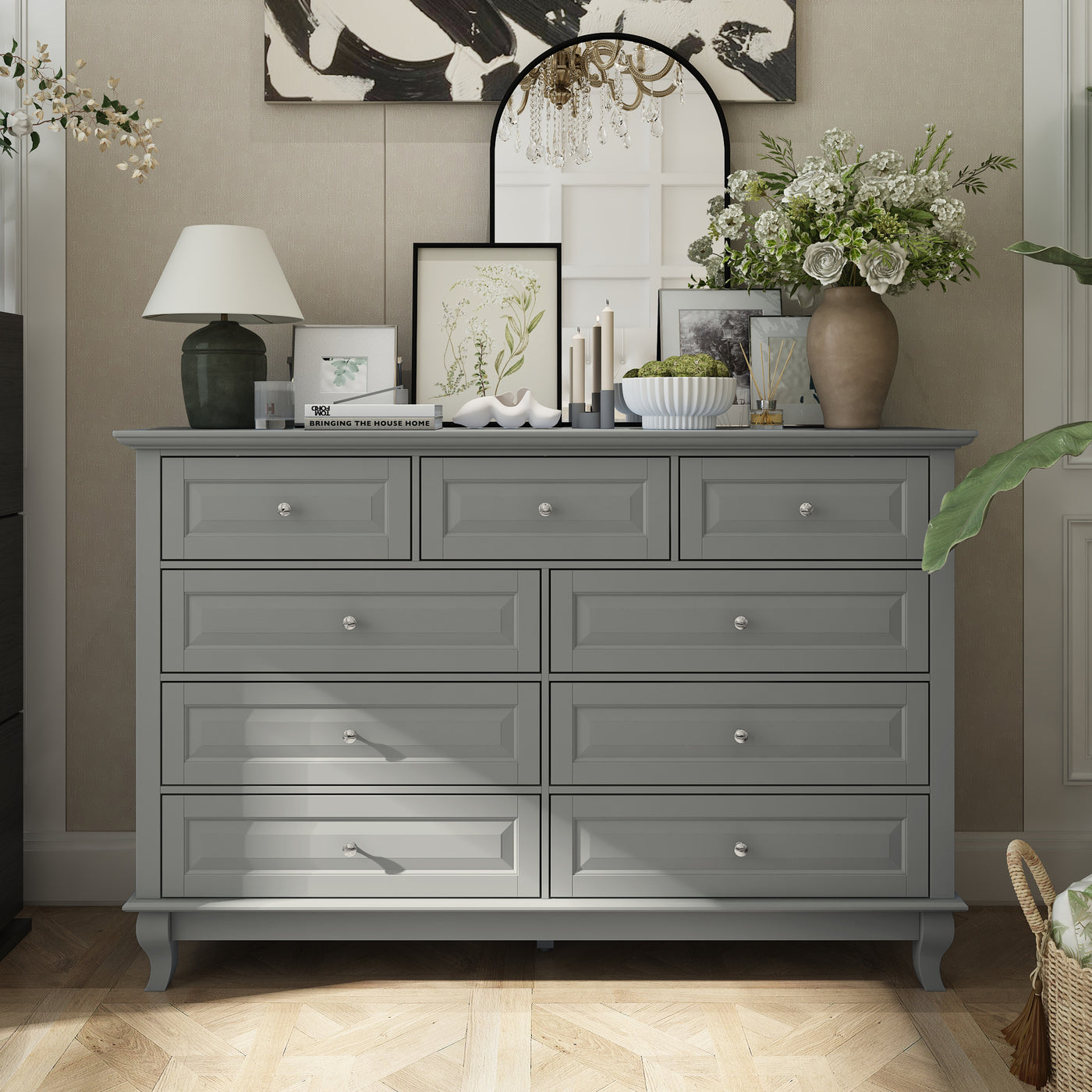 55.1" Traditional White 9-Drawer Dresser