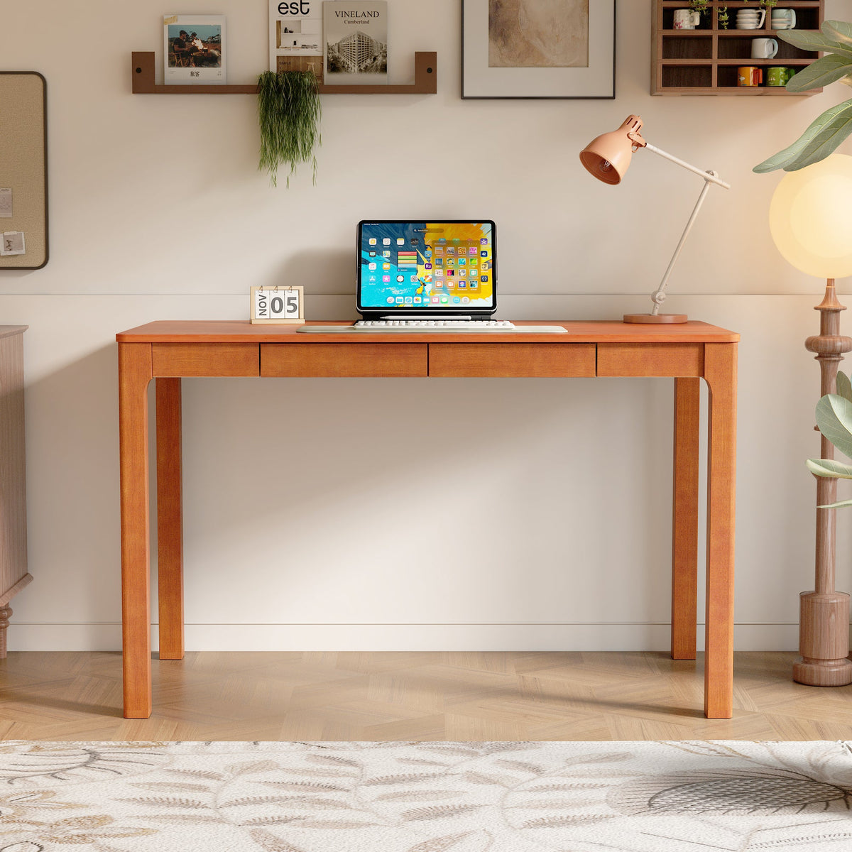 47.2" Modern Scandinavian Brown Rubberwood Writing Desk with Double Drawers