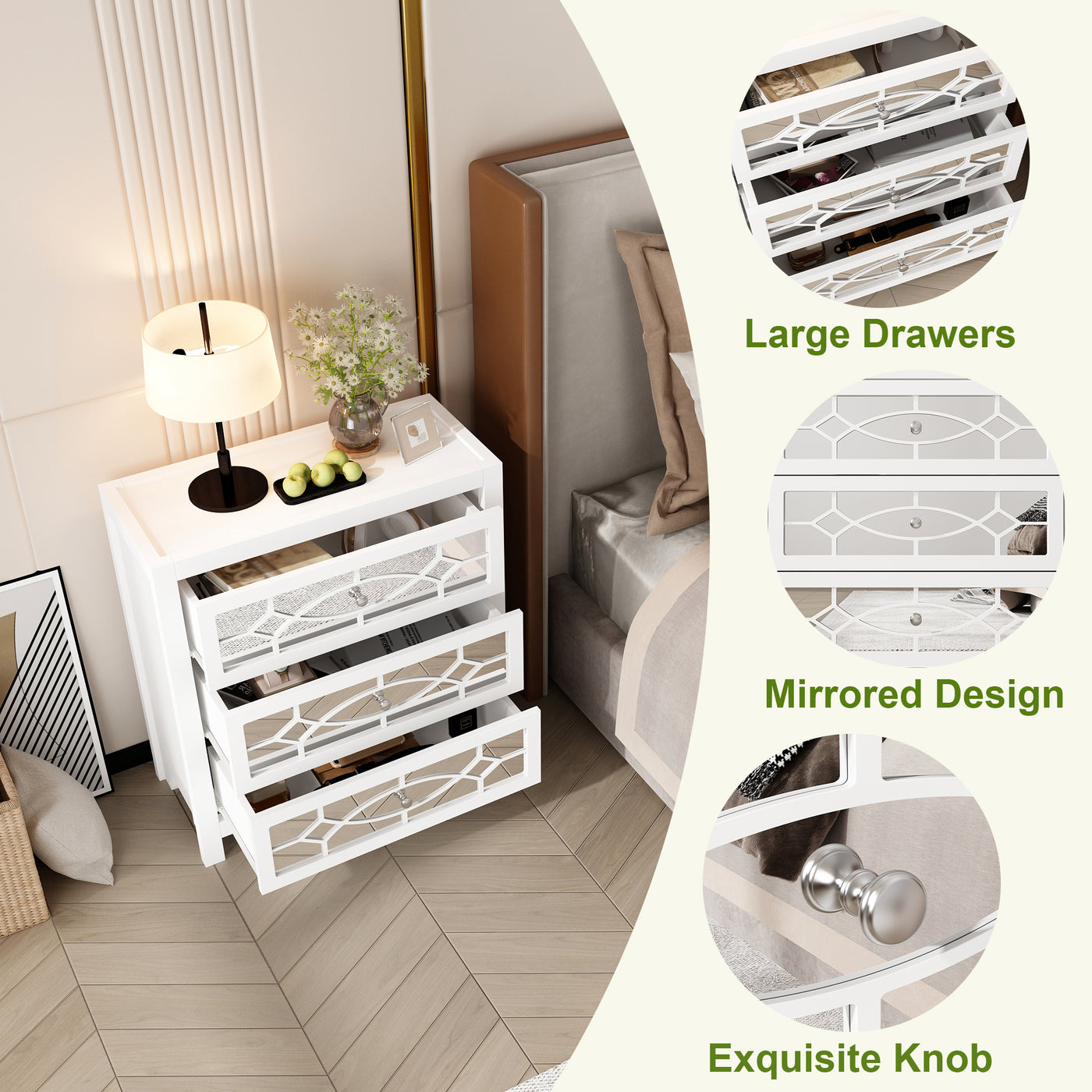 26" Mirrored 3-Drawer Dresser with Geometric Pattern