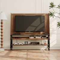 Brown TV stand with open shelves, black metal frame, and caster wheels