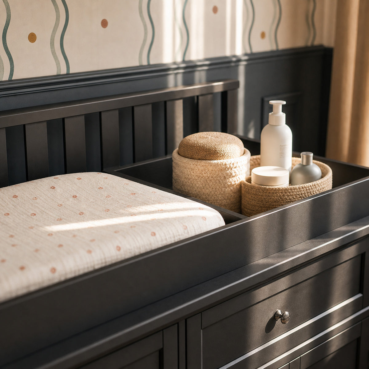 46.3" Modern Black Changing Table with 3 Drawers and 2 Cabinets