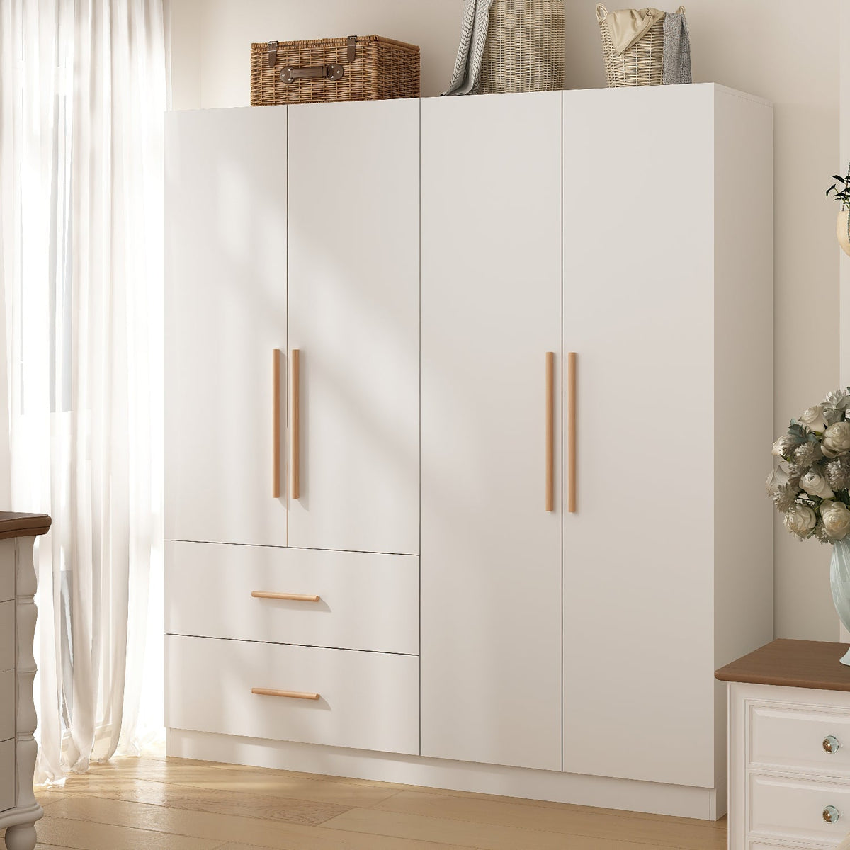 Armoire Solid Wood Clothes Organizer Storage Cabinet 4-Door Wardrobe Family Closet