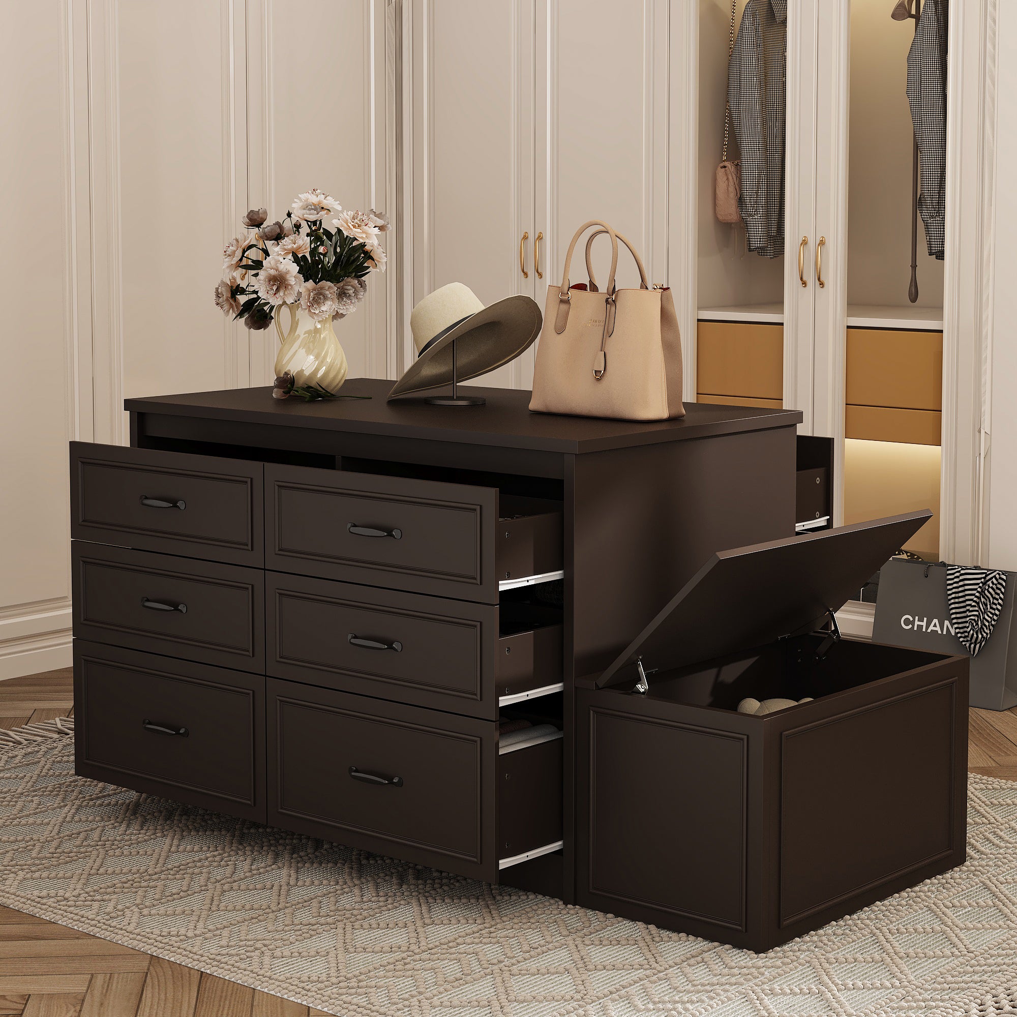 12-Drawer Closet Island With Built-In Shoe Bench