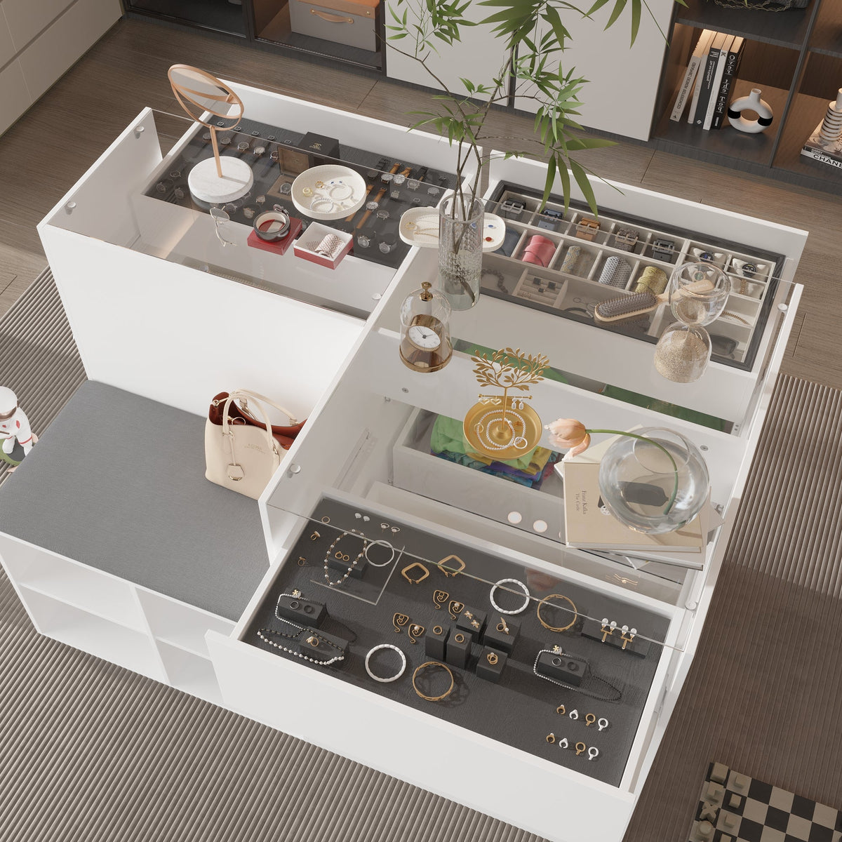 47.2" Modern White 4-Shelf Chest With Top And Comfortable Bench